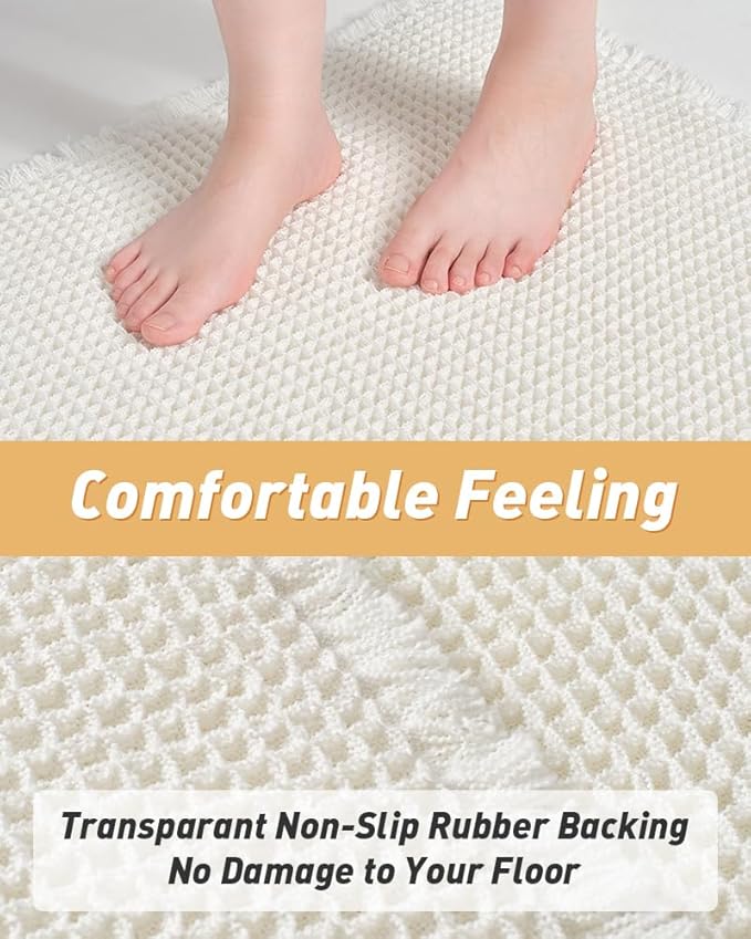 AMOAMI Waffle Runner Rug Super Absorbent Non Slip Bath Mats for Bathroom Floor, Machine Washable Boho Bathroom Runner Rug with Tassels, Ideal for Hallway Bedroom Laundry Room, 17" x 60"