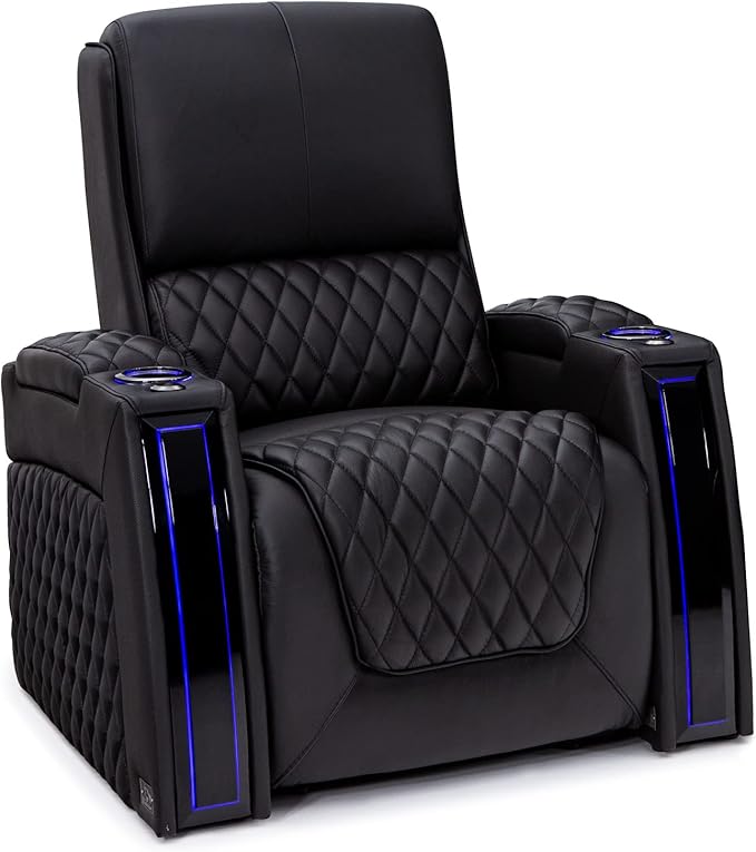 Seatcraft Apex Home Theater Seating, Living Room, Powered Headrest, Powered Lumbar, Powered Recline, Italian Leather, USB Charging, Single Recliner, Black