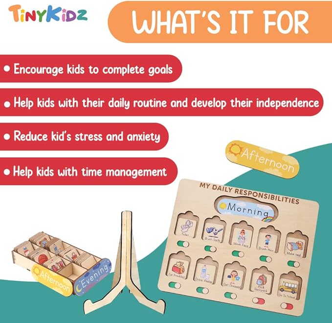 Wooden Chore Chart for Kids Visual Schedule, Routine Chart for Kids, Morning Bedtime Routine Chart for Toddlers Ages 2-4, Daily Kids Schedule Board for Home (02)