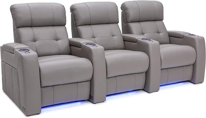 Seatcraft Kodiak Zero-Gravity CoolZero Italian Leather Home Theater Seating, Powered Headrest, Powered Lumbar, Powered Recline, Row of 3, Gray