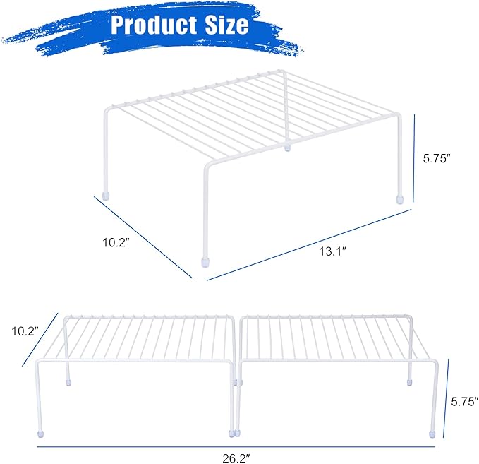 SIBAO Kitchen Cabinet Storage Shelf Rack/Plastic Feet - (13.1 x 10.2 Inch) - Steel Metal - Rust Resistant Finish - Cups, Dishes, Cabinet & Pantry Organization (2, White)