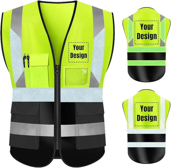 YOWESHOP High Visibility Safety Vest Custom Your Logo Protective Workwear 5 Pockets With Reflective Strips Outdoor Work Vest (3XL, Yellow Black Luminous)