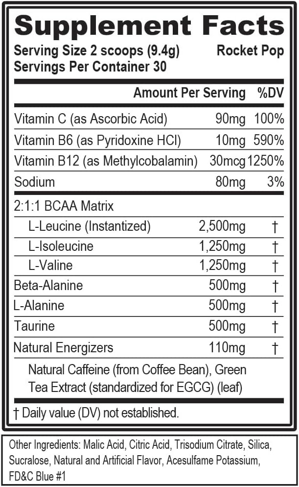 EVL BCAAs Amino Acids Powder - BCAA Energy Pre Workout Powder for Muscle Recovery Lean Growth and Endurance - Rehydrating Post Workout Recovery Drink with Natural Caffeine - Rocket Pop