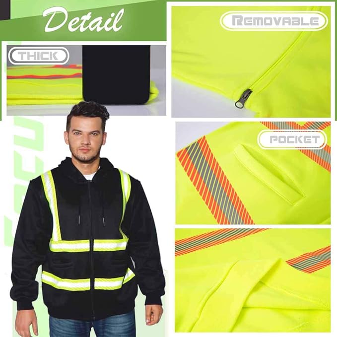 YOWESHOP High Visibility Reflective Safety Hoodie Jacket With Removable Sleeves Hi Vis Outdoor Protective Workwear Unisex