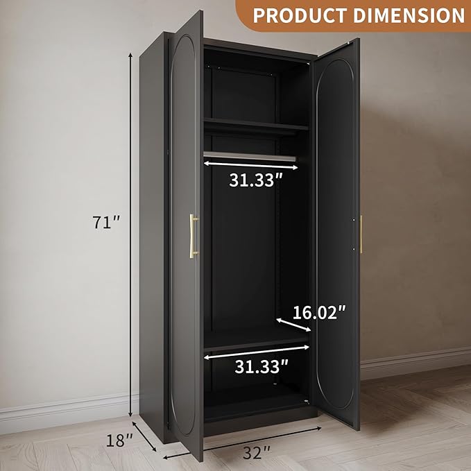 Metal Armoire Wardrobe Closet with Doors and Shelves, 71" Tall Wardrobe Closet with Hanging Rod, Freestanding Clothes Cabinets, Large Wardrobes for Bedroom, Home Office, Employee, Black