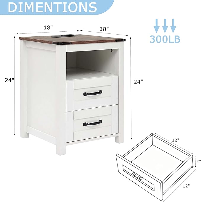 White Night Stand Set of 2, Rustic End Table with Charging Station, Farmhouse Tall Nightstand for Bedroom, Drawer Dresser Bedside Table with Open Storage Shelf