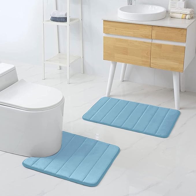 Buganda Memory Foam U-Shaped Contour Toilet Rugs, Non Slip Absorbent, Thick Soft Washable Bathroom Mat, Floor Carpet Bath Rugs Mat for Toilet Base (20" x 20", Blue)
