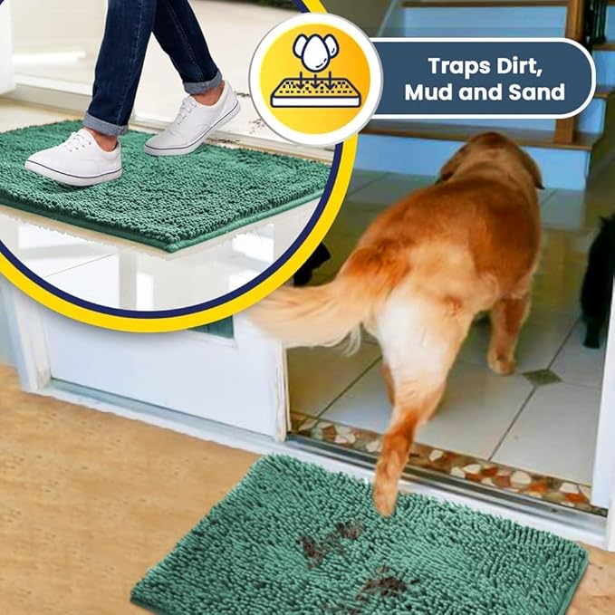 Muddy Mat® AS-SEEN-ON-TV Highly Absorbent Microfiber Door Mat and Pet Rug, Non Slip Thick Washable Area and Bath Mat Soft Chenille for Kitchen Bedroom Indoor and Outdoor - Seafoam Green 24" x 120"