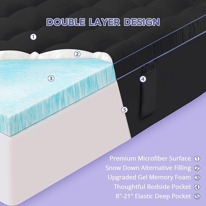 ABENE 3 Inch Dual Layer Full Memory Foam Mattress Topper, 2 Inch Memory Foam Plus 1 Inch Down Alternative Pillowtop Mattress Pad with Deep Pocket, Soft Support for Pressure Relief, Black