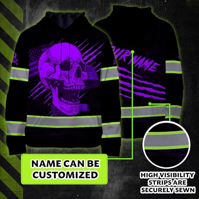 Matedecor Skull US Flag Reflective High Visibility Hoodie For Men Construction Hi Vis Safety Workwear Custom Name