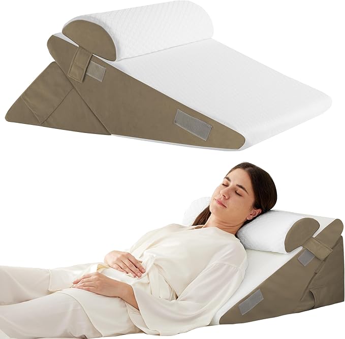 3PCS Wedge Pillow Set for After Surgery, Adjustable 9&12 Inch Bed Wedge Pillow for Sleeping, Incline Pillow Wedge for Headboard, Post Surgery, Acid Reflux, Neck&Back Support, Brown