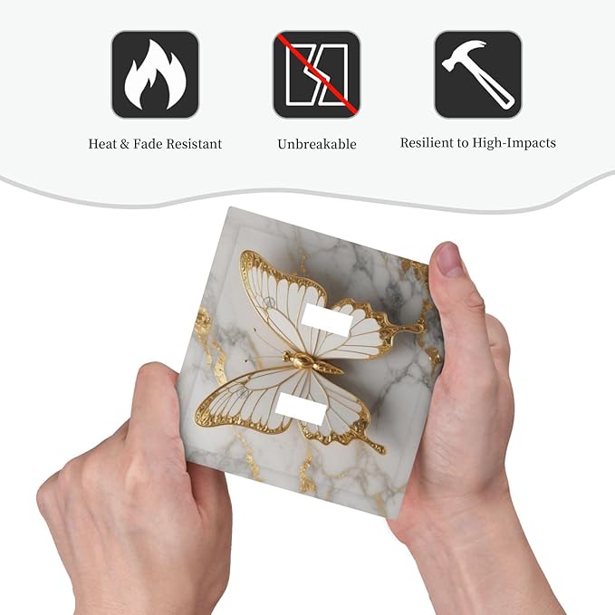 Gold Marble Shine Butterfly Abstract Modern Print Decorative Switch Plates 2 Gang Double Toggle Outlet Light Switch Cover Wall Plate Electrical Faceplate for Bed Room Bathroom Decor