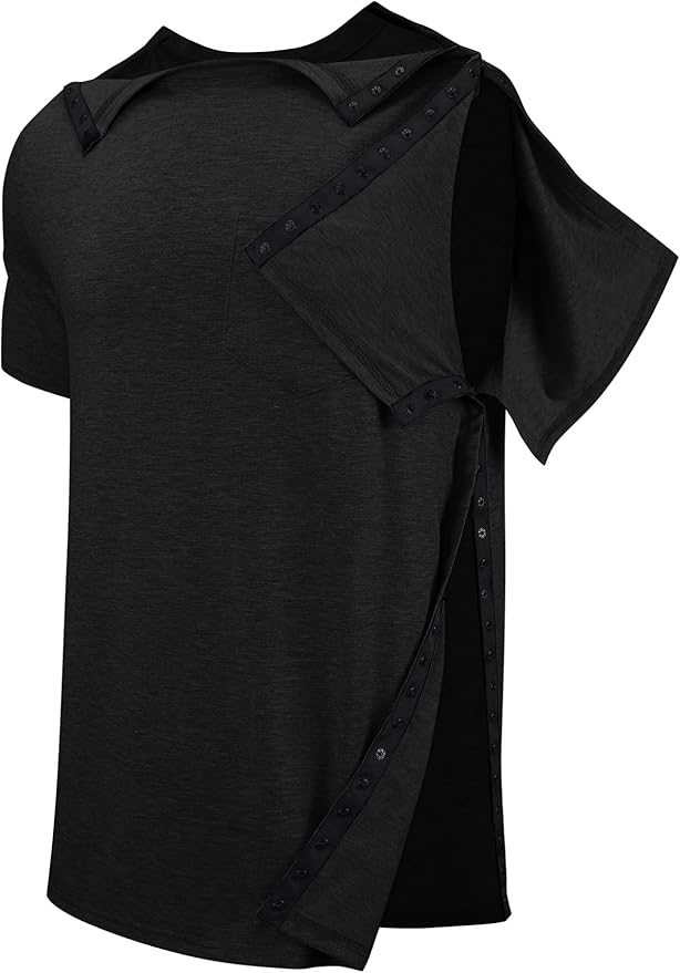 Men's Post Shoulder Surgery Recovery Shirts Tear Away Short Sleeve Full Open Side Snap Dialysis Chemo Clothing