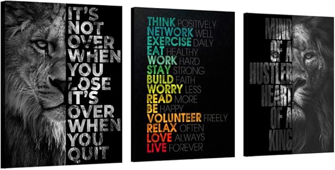 Unbruvo Motivational Office Wall Art Inspirational Canvas Wall Art Lion Picture Print Entrepreneur Quote Wall Painting 3 Pieces Artwork for Living Room Bedroom Classroom Home Decor(72”Wx36”H)