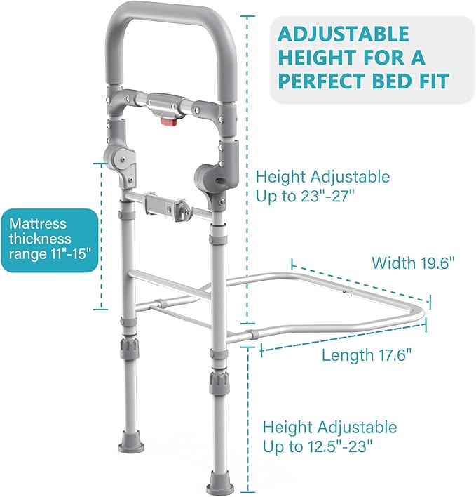 Bed Rails for Elderly Adults Safety Foldable Bed Side Assist Rail for Seniors with Motion Sensor Light & Storage Pocket, Adjustable Height Bedrails for Queen King Full Size Bed, 400 Lbs