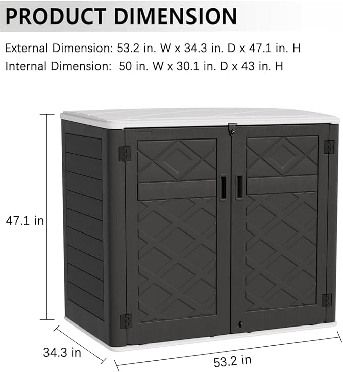 KINYING Larger Outdoor Storage Shed Weather Resistance, Resin Sheds & Outdoor Storage for Garden, Patios, Backyards, 48 Cu.Ft Tool Shed for Garbage Cans, Lawn Mower, Garden Tools,Black