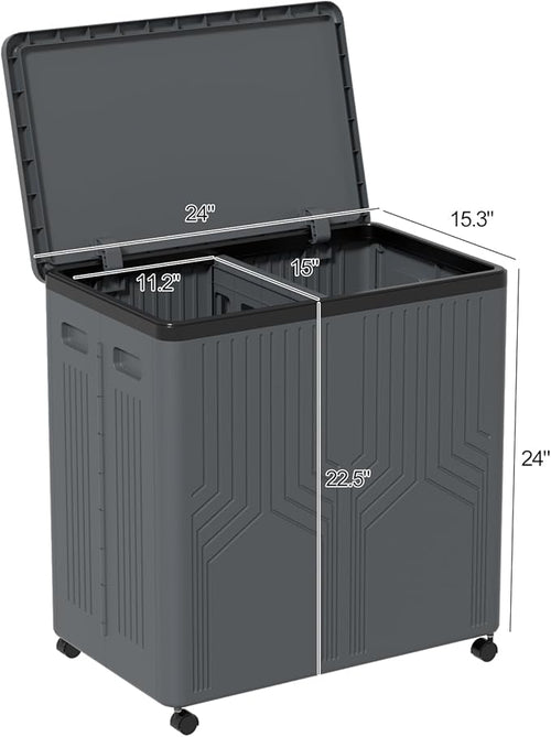 130 L Large 2 Section Laundry Hamper, Plastic Rolling Laundry Basket with Wheels, Grey