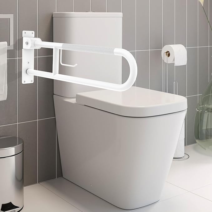 Toilet Grab Bar 30.3 Inch, YuanDe White Anti-Slip Support Rail, U Shaped Flip-Up Grab Bar with Paper Holder, Stainless Steel Knurled Handicap Safety Handrails for Disabled Elderly Pregnant