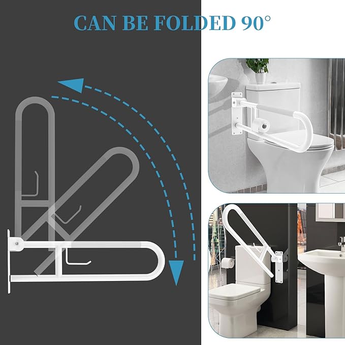 U Shaped Toilet Grab Bar 30.3 Inch, Munzong White Anti-Slip Support Rail, Flip-Up Bathroom Grab Bar with Paper Holder, Stainless Steel Knurled Handicap Safety handrails for Elderly Disabled Pregnant