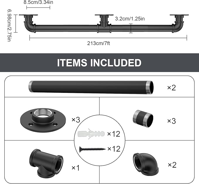 7FT Industrial Stair Railing Wall Mount Staircase Handrail φ1.3 Pipe Hand Rail for Steps Grab Bar Foot Rail Vintage Pipe Railing Black Deck Handrail for Outdoor Indoor Stairs Porch