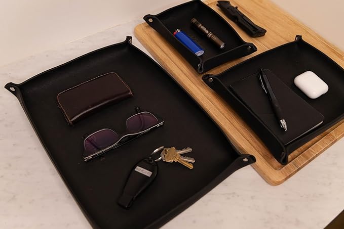 Valet Tray – Full-Grain Leather Catchall Organizer for Keys, Phone & Wallet – Rustic Nightstand & Desk Tray with Raised Sides – Handmade in USA (Black, Small Rectangle)