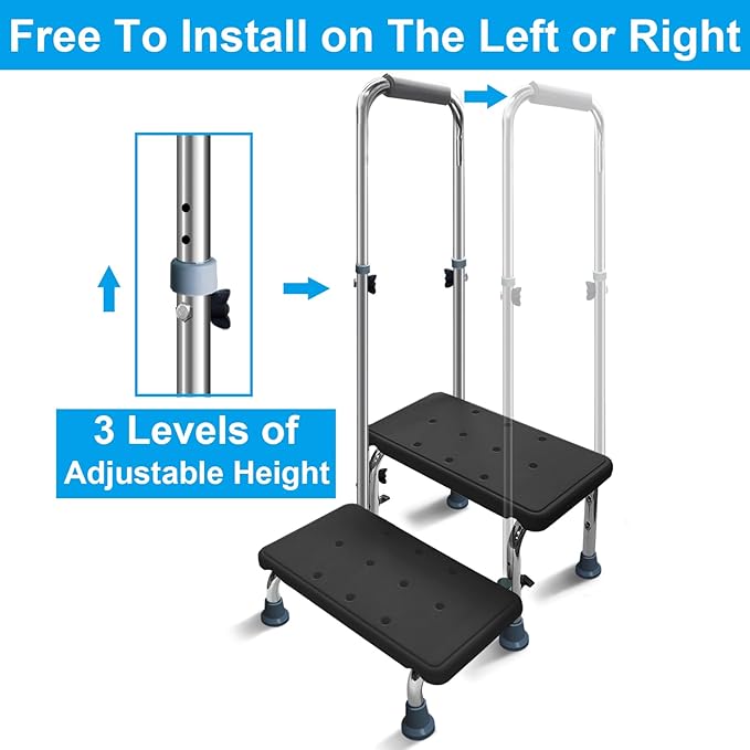 Aliseniors Step Stool with Handle, 400 lbs Adjustable 2 Steps Stool with Handrail for Adults and Seniors, Easy Assmbly Medical Foot Step Stool for Bed, Kitchen, Car, Bathtub