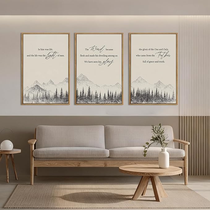 IARTTOP Extra Large Christian Bible Verse Framed Wall Art 24x36 Inch Set of 3 Jesus Catholic Biblical Scripture Canvas Wall Decor Minimalist Grey Mountain Landscape Prints for Living room Dining room