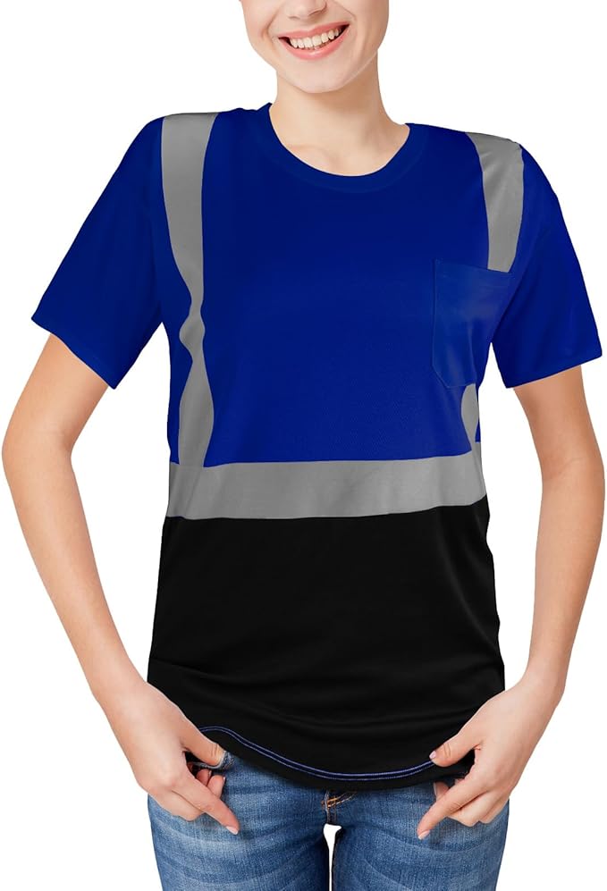 High Visibility Shirts Quick Dry Safety T Shirts with Reflective Strips and Pocket Short Sleeve Mesh Hi Vis Construction Work Class 2 Shirt for Men/Women Black Bottom Blue,Small