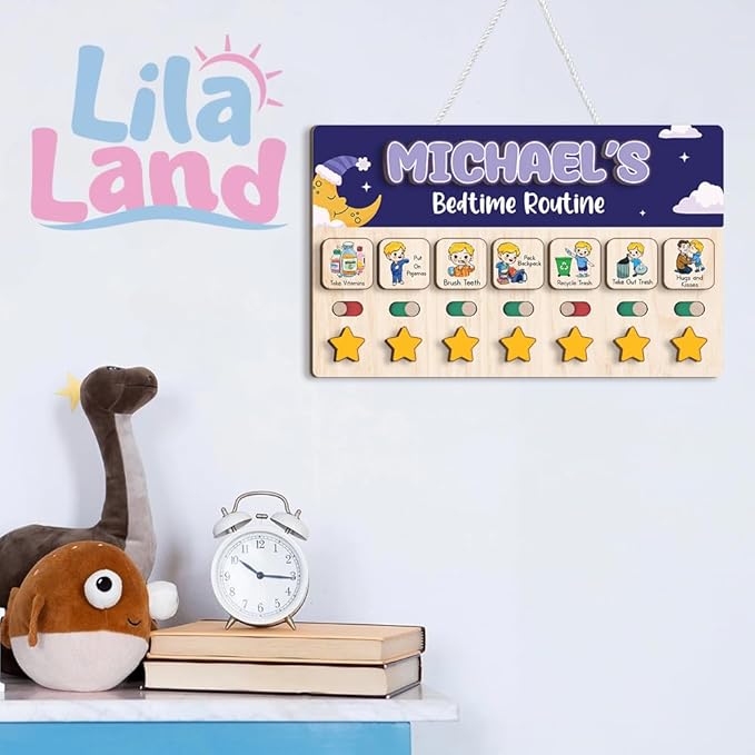 Wooden Chore Chart for Boys, Daily Routine Chart for Kids, Visual Schedule, Chore Reward Chart, Bedtime Morning Routine Chart for Toddlers (06)
