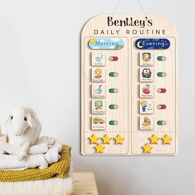Wooden Chore Chart for Kids Visual Schedule, Routine Chart for Kids, Morning Bedtime Routine Chart for Toddlers Ages 2-4, Daily Kids Schedule Board for Home (19)