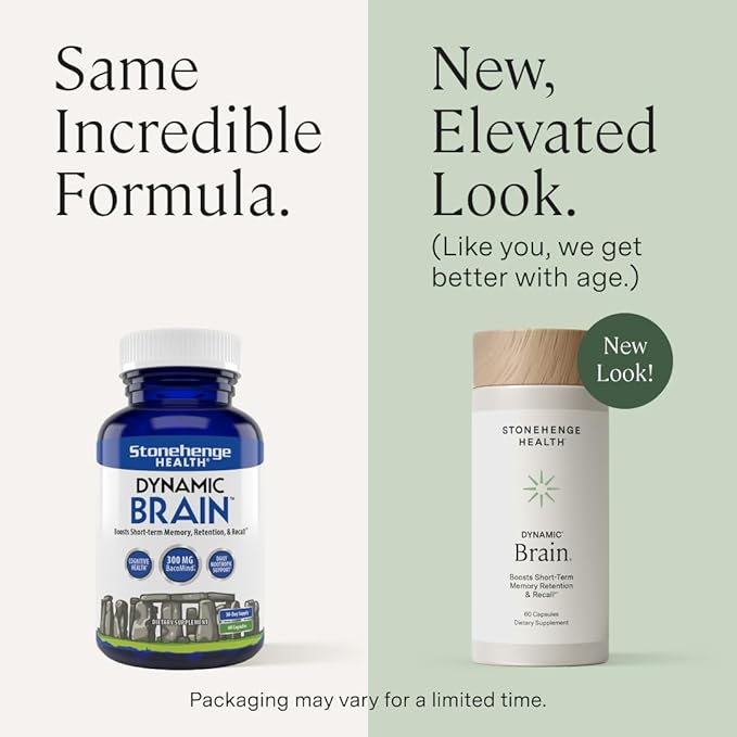 Stonehenge Health Dynamic Brain – BacoMind® Bacopa Nootropic Formula – Memory, Recall & Retention, Phosphatidylserine, Huperzine A, DHA & Choline – 40 Brain-Boosting Ingredients – Non-GMO, 60 Caps