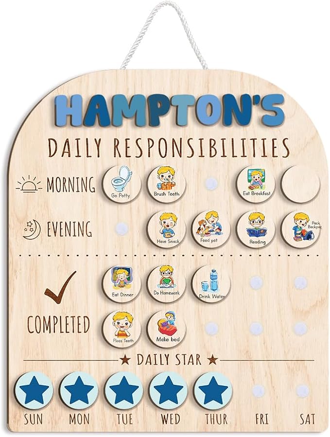 Personalized Wooden Chore Chart for Kids 15x17", Visual Schedule, Routine Chart for Kids, Morning Bedtime Routine Chart for Toddlers Ages 2-4, Daily Kids Schedule Board for Home (12)