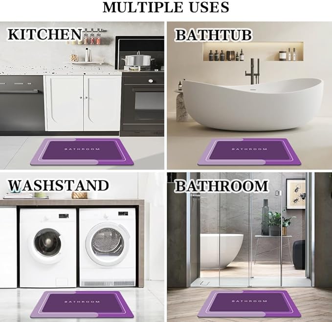 Bath Mat, Bathroom Mat Rugs Super Absorbent Shower Mats Non Slip Quick Dry Thin Rubber Mats for Bathroom Floor Fit Under Door, Shower Rug for Bathtub, Shower, Purple