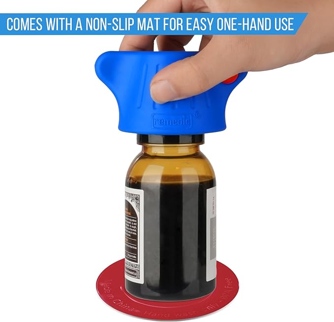 Remedic Medicine Bottle Opener with Magnifier & LED Light – Easy Grip Aid for Weak Hands – Non-Slip Mat for One-Handed Use – Arthritis-Friendly Multi-Opener – Senior Care Tools