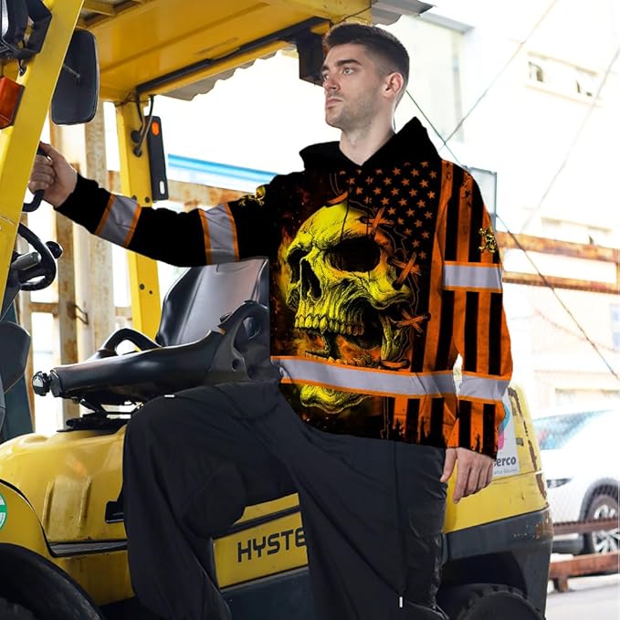 Matedecor Skull US Flag Reflective High Visibility Hoodie For Men Construction Hi Vis Safety Workwear Custom Name