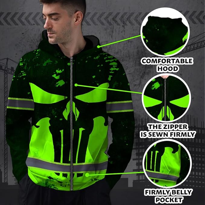 Maddly Hi Vis Reflective Zip Up Hoodie, High Visibility Safety Jacket with Skull Design for runner, worker, trucker, cyclist