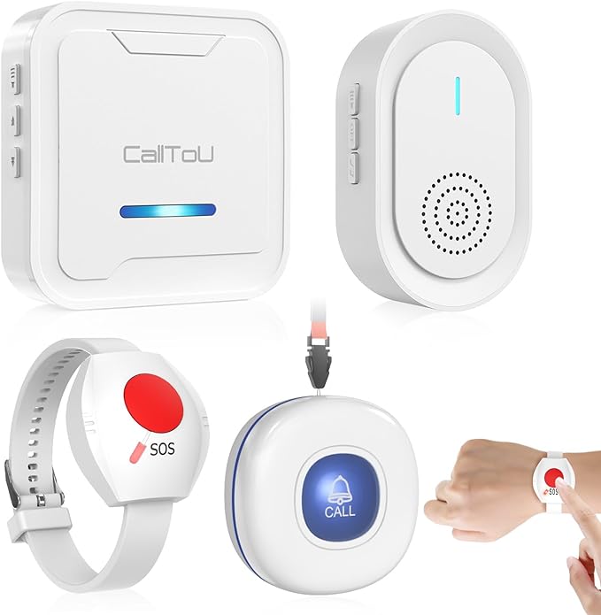 CallToU Caregiver Pager Wireless Call Button for Elderly, Medical Alert Systems for Seniors/Elderly Monitoring with 2 Call Bell, 500+Feet, 1 Plug-in Receiver+1 USB Receiver for Home Patients Emergency