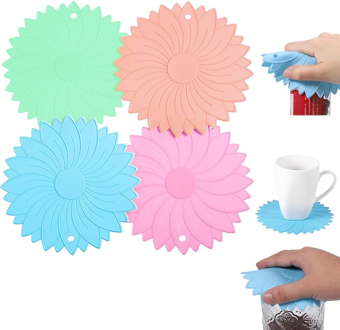 4Pcs Rubber Jar Opener Gripper Pad 6.1inch Non Slip Jar Openers Resistant Coasters Multi Function Botter Opener Tool for Weak Arthritis Hands Seniors Easy Opening(Macaron Colors)