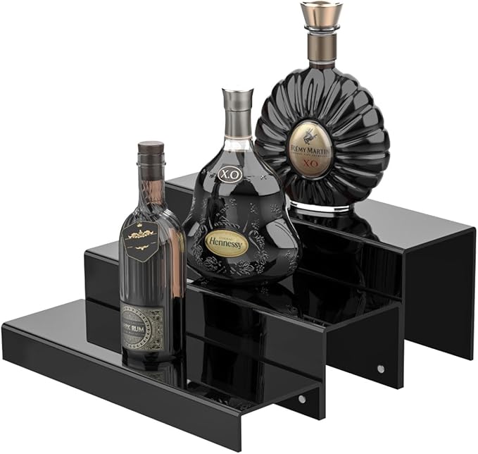 2 Pack Tiers Bar Shelves for Liquor Bottles, 15" Clear Acrylic Risers Display Racks Stands for Figures Pops Cupcake Perfume Collections (Black)