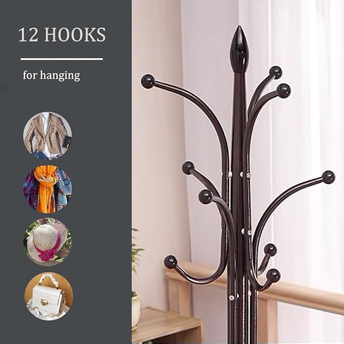 Kertnic Metal Coat Rack Stand with Natural Marble Base, Free Standing Hall Tree with 12 Hooks for Hanging Scarf, Bag, Jacket, Home Entry-way Hat Hanger Organizer (Bronze)