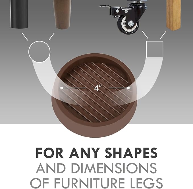 4X4 Round Rubber Caster Cups, Non Slip Furniture Pads, Anti-Slip Gripper, Anti Skid Furniture Feet, Anti Slide Floor Protector for Bed Couch Table Chair Stoppers (Brown, 4 Pack)