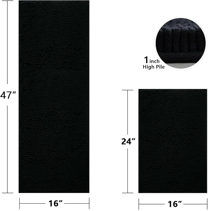 BOANKODU Bathroom Rugs Sets 2 Piece，47X16+16X24Inch，Absorbent Non-Slip Very Soft Chenille Mat,Machine Washable （Black）