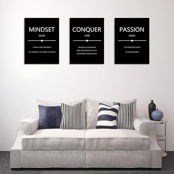 Unbruvo Motivational Wall Decor for Office, 3 Pieces Inspirational Canvas Wall Art, Mindset Passion Conquer Canvas Poster, Positive Quotes for Entrepreneur Meeting Room Lobby Bedroom(60''Wx 28''H)