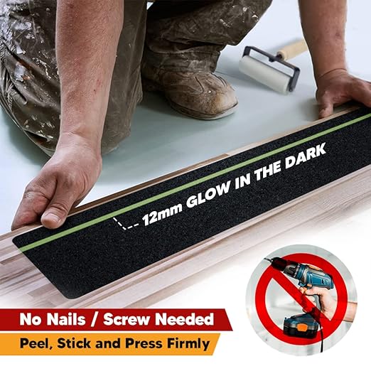 Anti Slip Traction Treads with Glow in Dark Stripe (10-Pack), 6" X 24", Best Grip Tape Grit Non Slip, Outdoor Non Skid Tape, High Traction Friction Abrasive Adhesive for Stairs Step