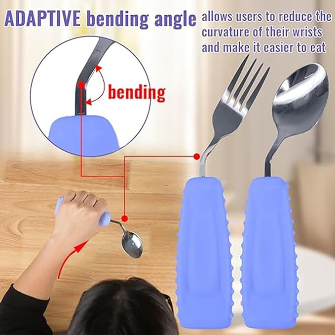 Adaptive Utensils,Parkinson’s Spoon, Handicap Aid, Angled Silverware Spoon and Fork Set for Elderly, Arthritis, Dementia, Disable, Handicapped Hands(Left Hand,Pack of 2,Purple)