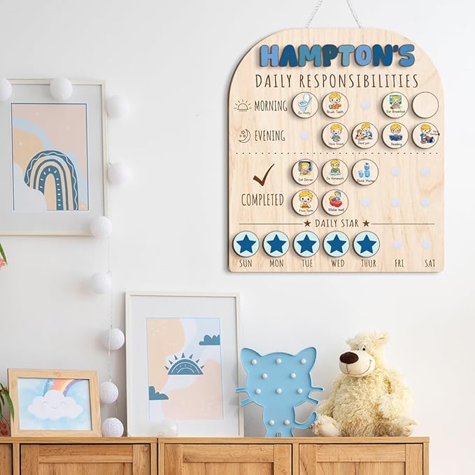 Personalized Wooden Chore Chart for Kids 15x17", Visual Schedule, Routine Chart for Kids, Morning Bedtime Routine Chart for Toddlers Ages 2-4, Daily Kids Schedule Board for Home (12)