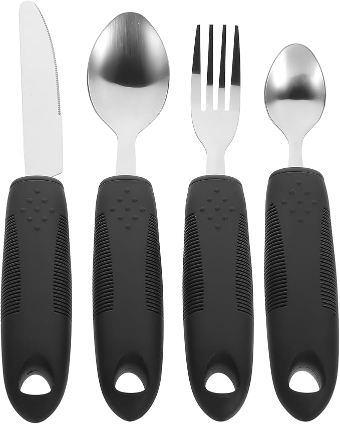 Tremble Adaptive Tableware for Elderly and Disabled Adults Lightweight Non-Slip Stainless Steel Utensils with Comfort Grip Handles Black Handle Cutlery for Arthritis and Hand