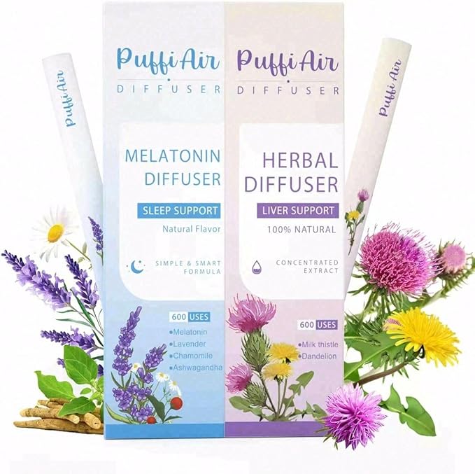PUFFIAIR Herbal Diffuser Duo with Melatonin, Milk Thistle & More丨Night Renewal Duo for Calm Sleep & Liver Detox Support - 600 Uses Per Stick