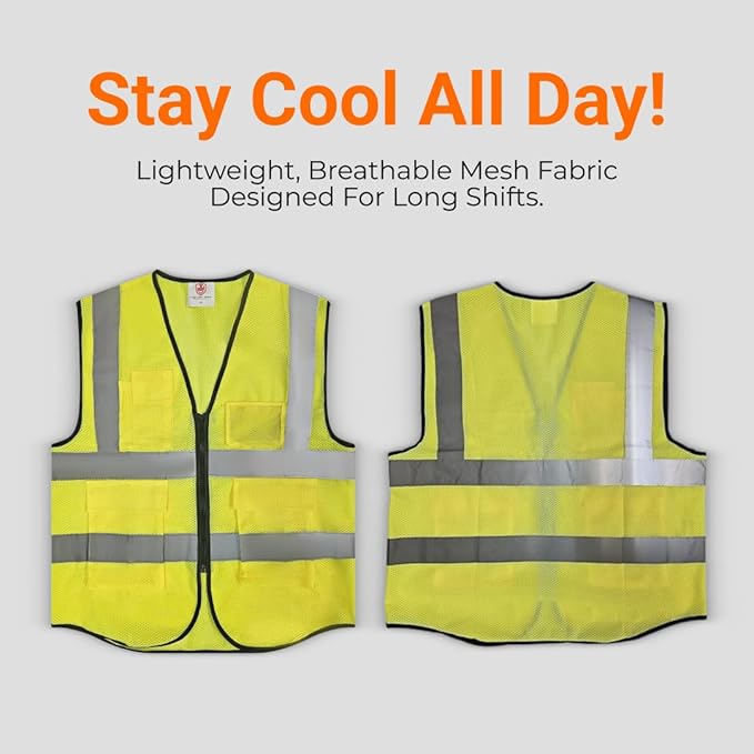 High-Visibility Safety Vests – Pack of 3, Reflective vest, Front Zipper & Utility Pockets for Maximum Safety