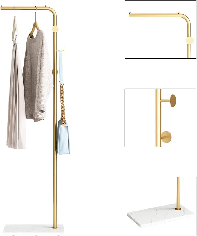 Gold Coat Rack with White Base, Freestanding Entryway Rack with 3 Hooks, L Shape Home Coat Hanger for Jackets, Hats, Clothes